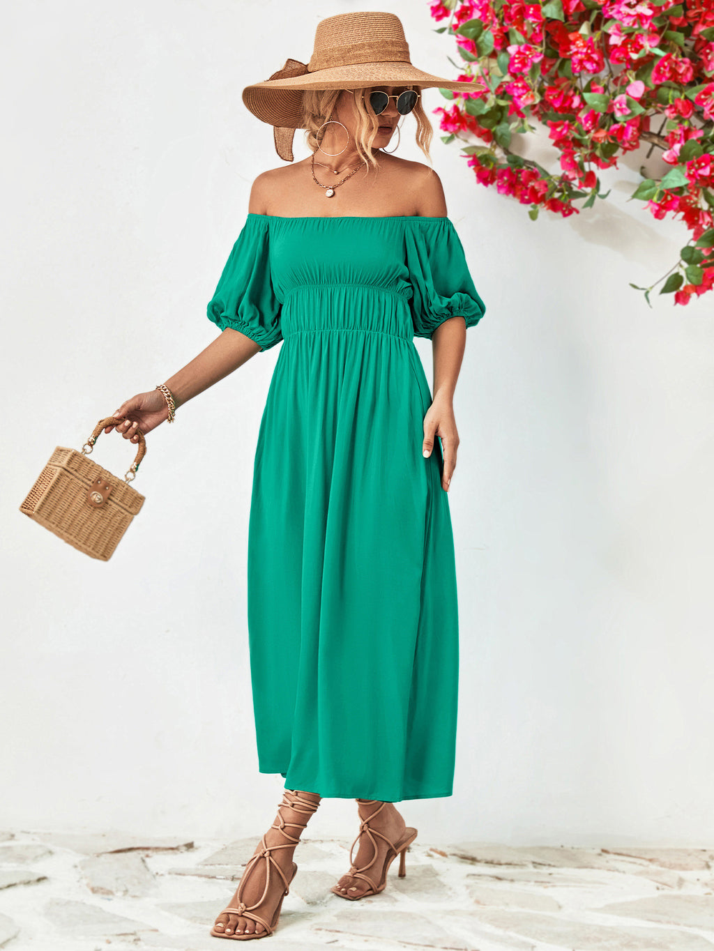 Off-shoulder Balloon Sleeve Midi Dress (6)