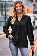 Swiss Dot Notched Neck Flounce Sleeve Blouse (11)