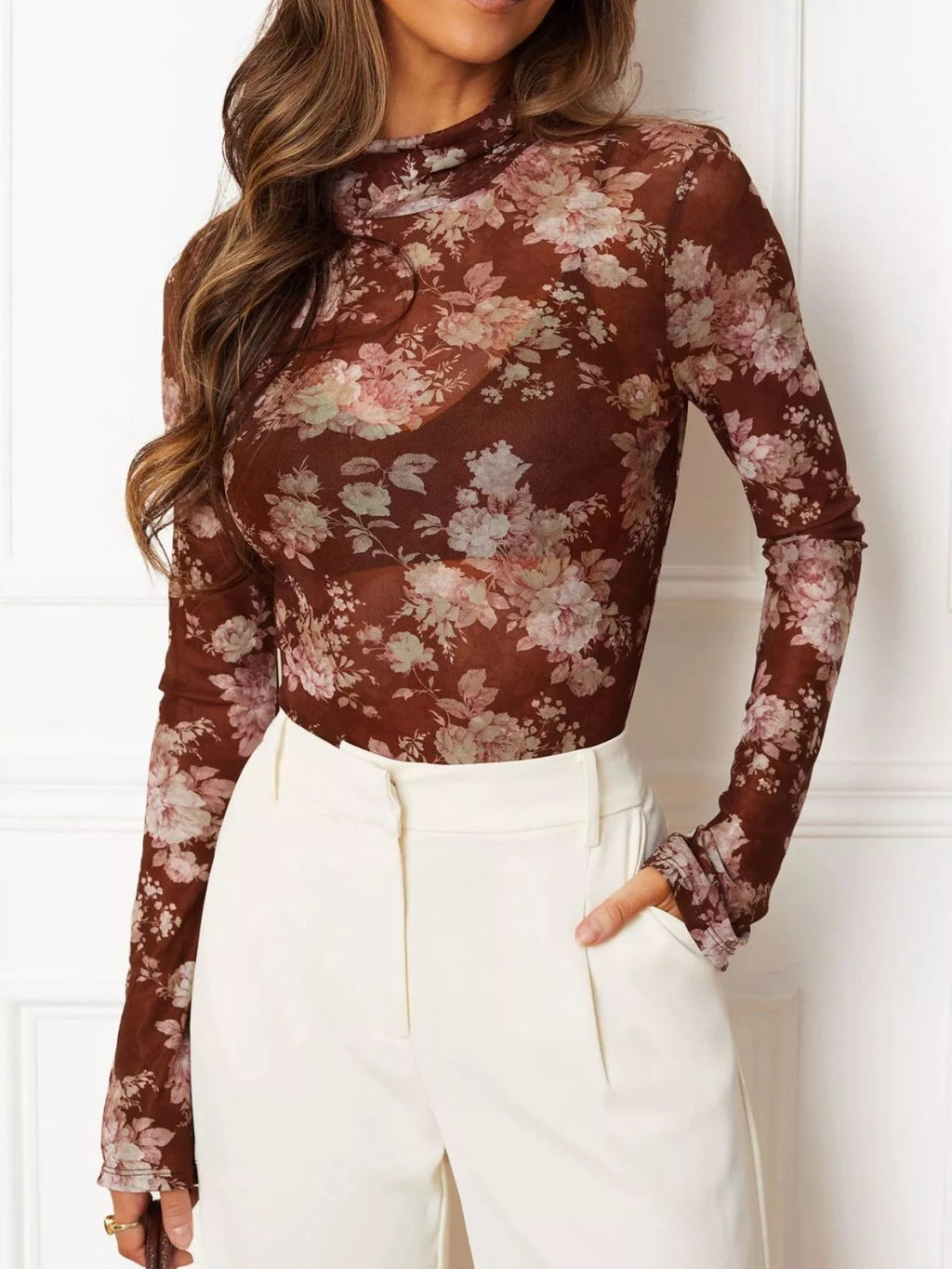 Floral Print Sheer Mesh Long Sleeve Mock Neck Top (12)