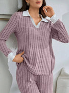 Ribbed Knit Polo Collar Top Pants Lounge Set (2)