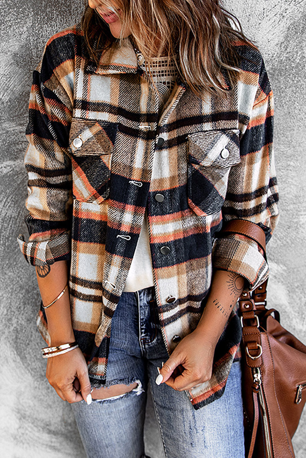 Plaid Button Front Shirt Jacket Breast Pockets (10)