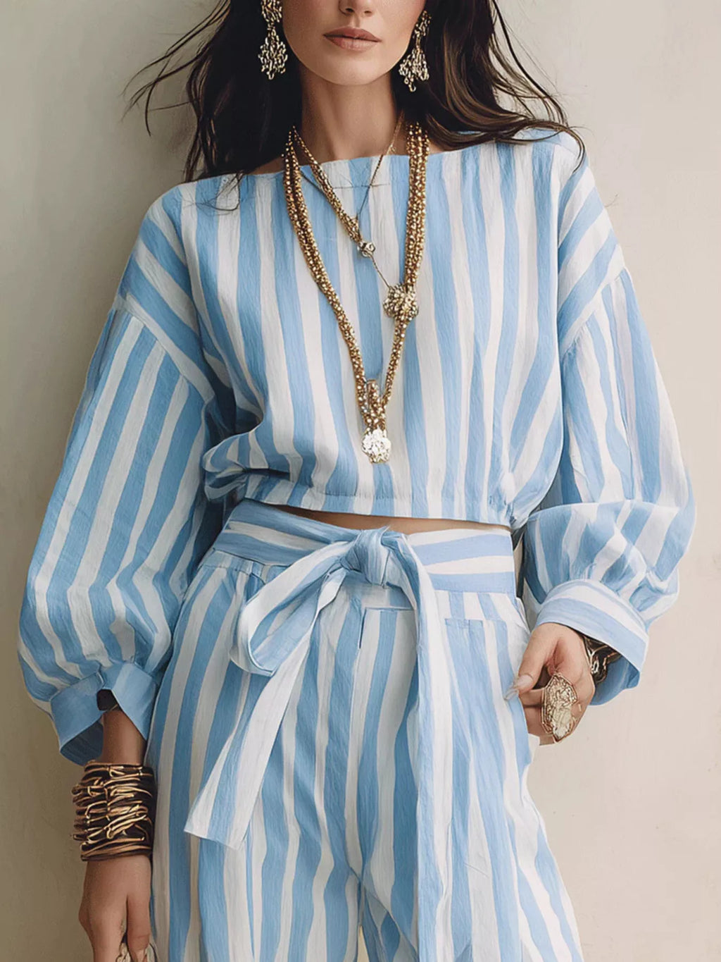 Striped Long Sleeve Top Pants Two-piece Set (3)