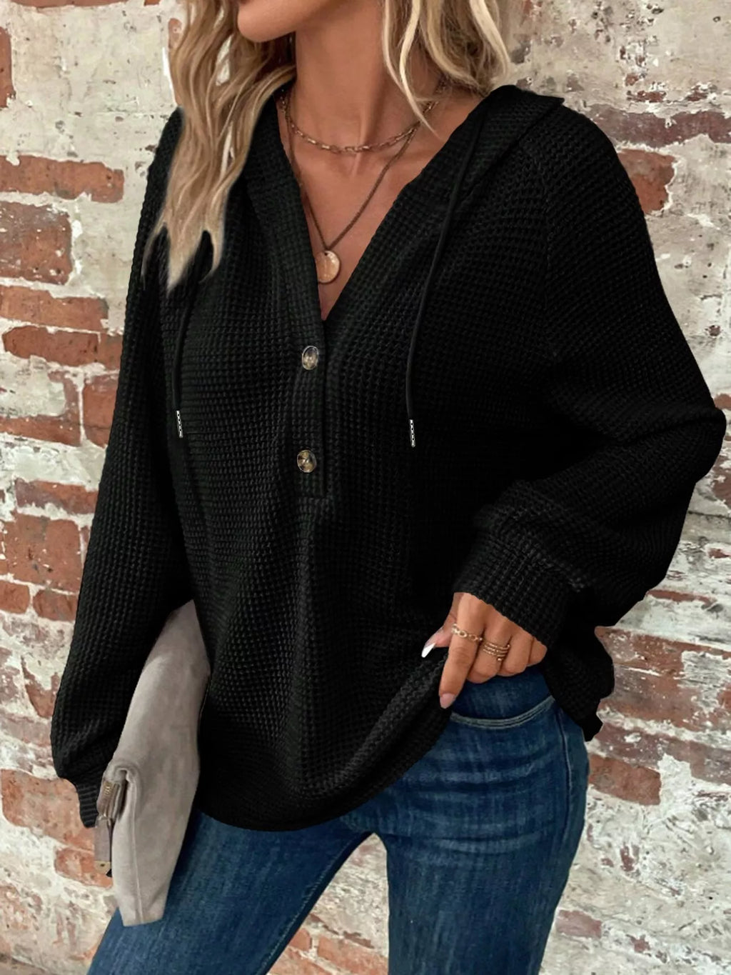 Waffle Knit Button Detail Hoodie (14)