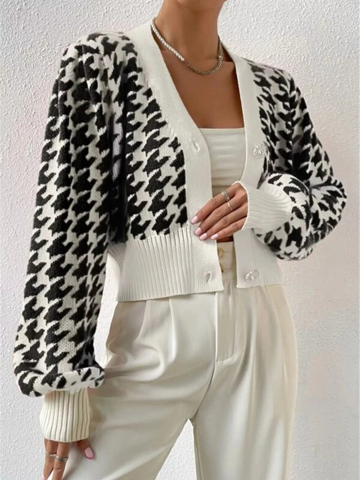 Houndstooth V-neck Button Up Cardigan (14)