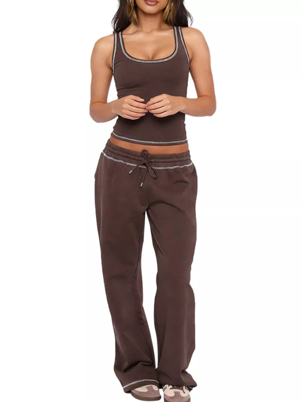 Scoop Neck Tank Top Drawstring Pants Set (17)