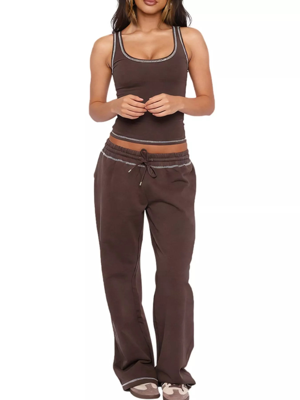 Scoop Neck Tank Top Drawstring Pants Set (17)