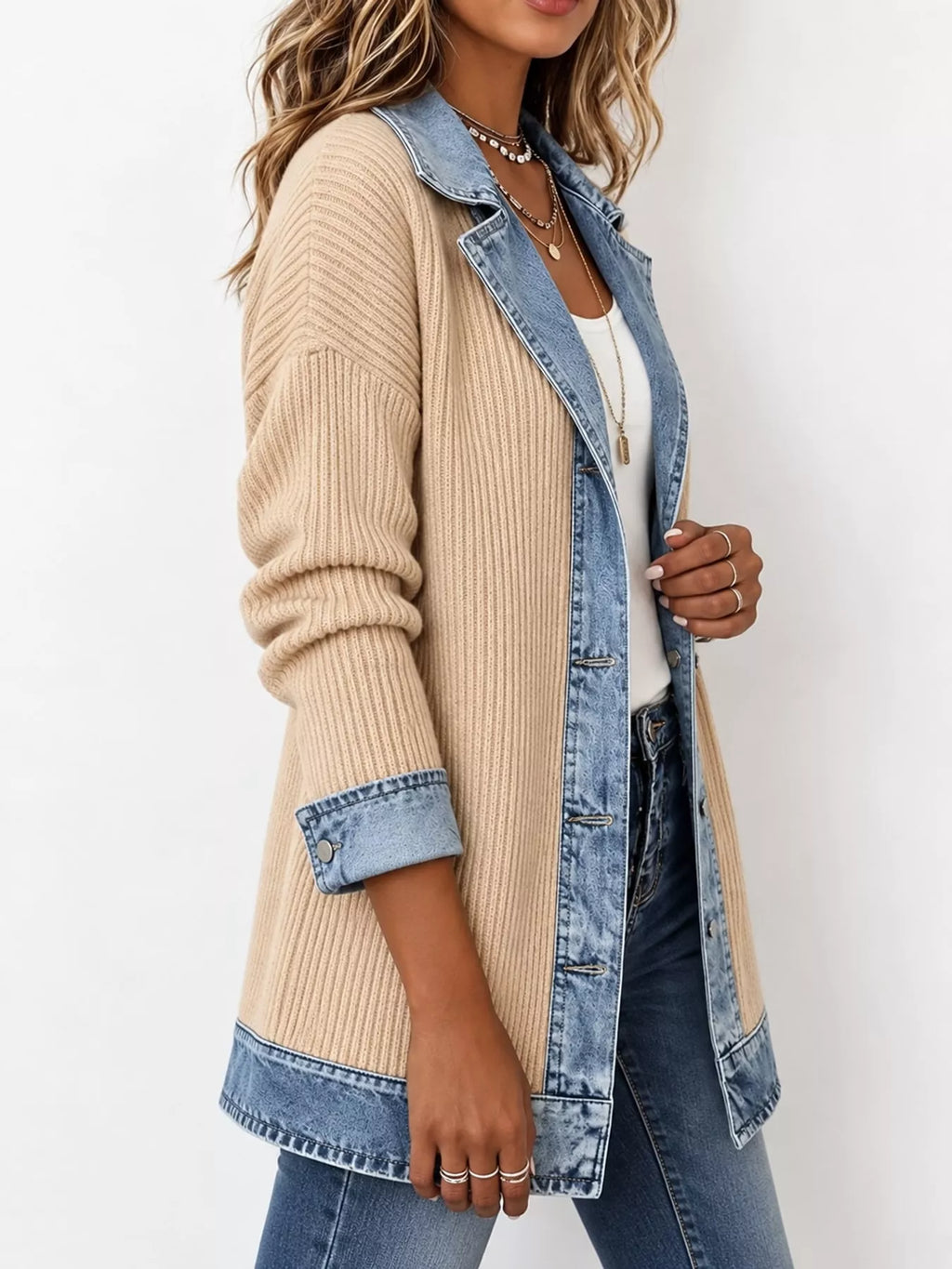 Full Size Denim Trim Ribbed Knit Cardigan Plus (33)