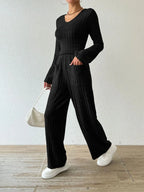 Ribbed V-neck Long Sleeve Top Pocketed Pants Set (12)