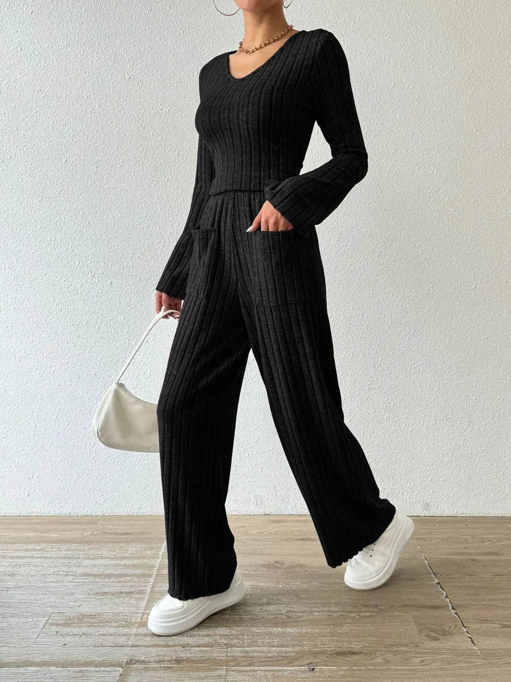 Ribbed V-neck Long Sleeve Top Pocketed Pants Set (12)