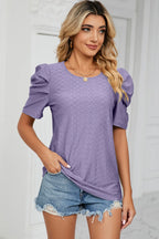Eyelet Round Neck Puff Sleeve T-shirt (20)