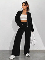 Casual Solid Color Zipper Jacket Wide Leg Pants Set (19)