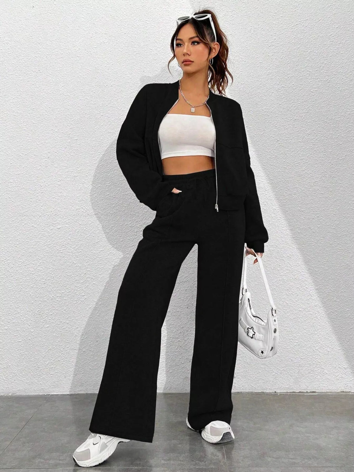 Casual Solid Color Zipper Jacket Wide Leg Pants Set (19)