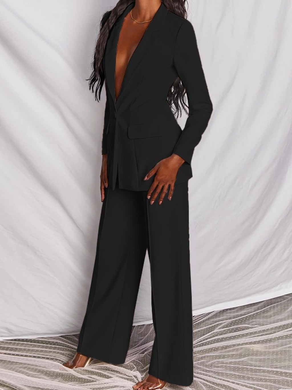 Full Size One Button Blazer Wide-leg Pants Set Plus (7)