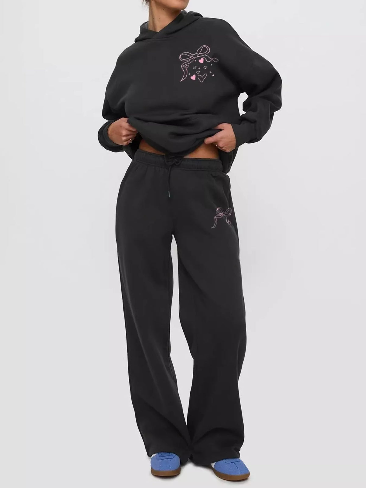 Bow Heart Dropped Shoulder Hoodie Pants Set (2)