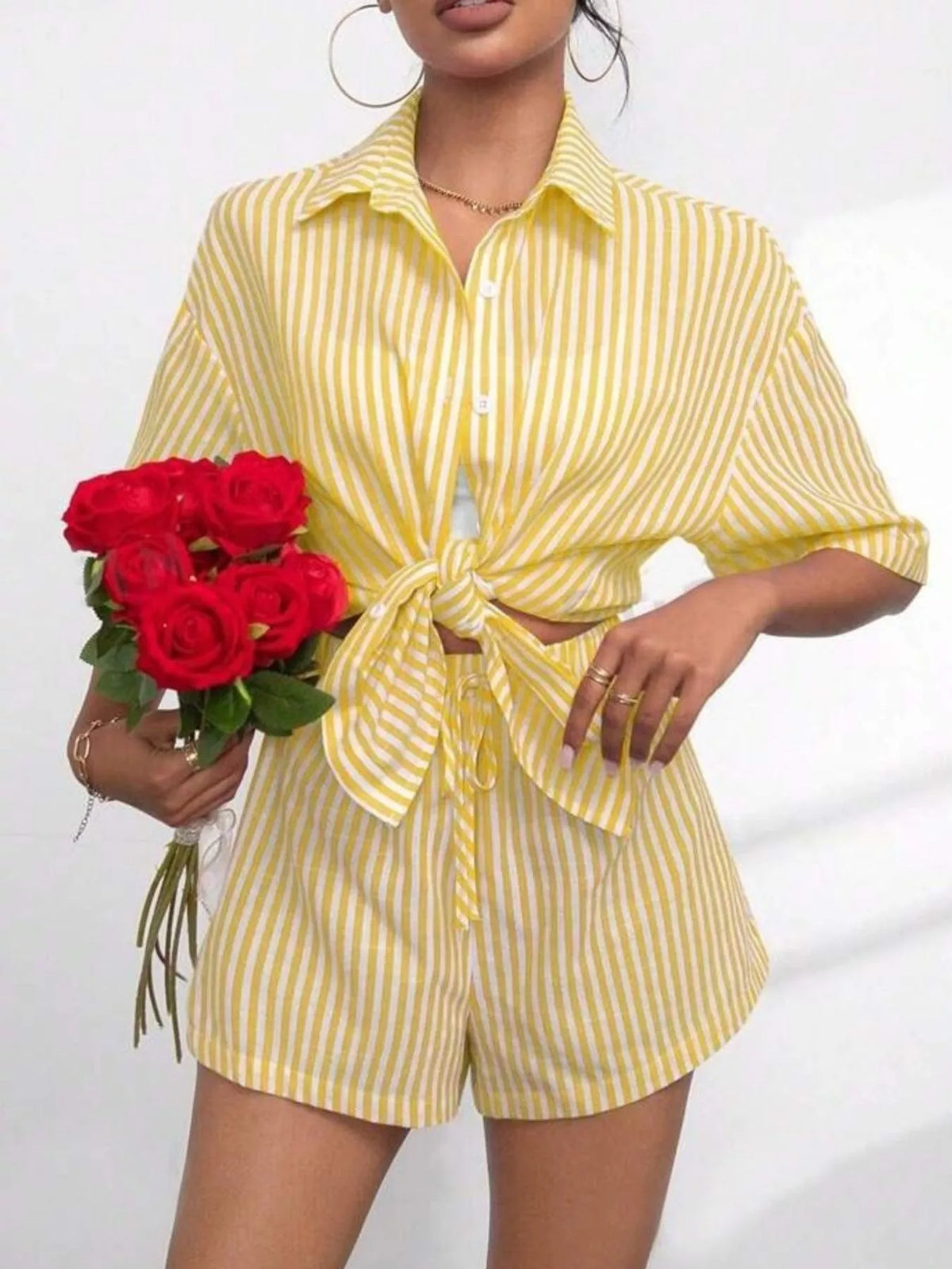 Striped Button Up Shirt Shorts Casual Set (11)