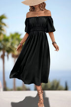 Square Neck Smocked Waist Puff Sleeve Midi Dress (7)