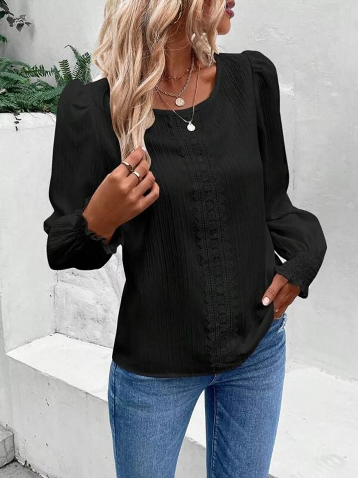 Lace Trim Long Sleeve Blouse