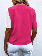 Decorative Button Surplice Short Sleeve Blouse (8)