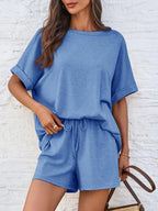 Round Neck T-shirt Drawstring Shorts Set (14)