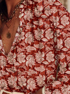 Floral Print Split Neck Pleated Long Sleeve Blouse (3)