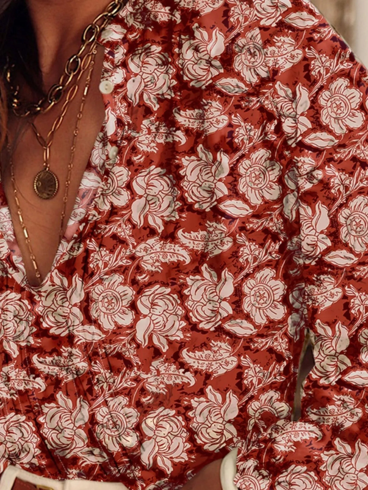 Floral Print Split Neck Pleated Long Sleeve Blouse (3)