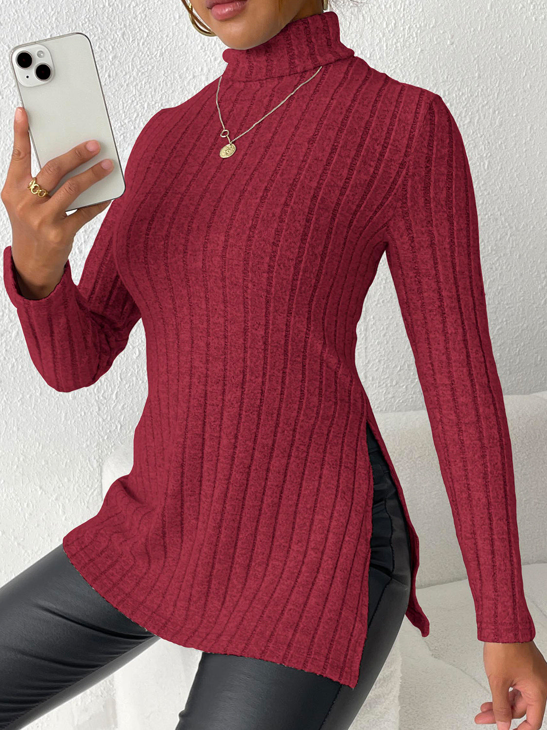 Ribbed Turtleneck Long Sleeve Slit T-shirt (18)
