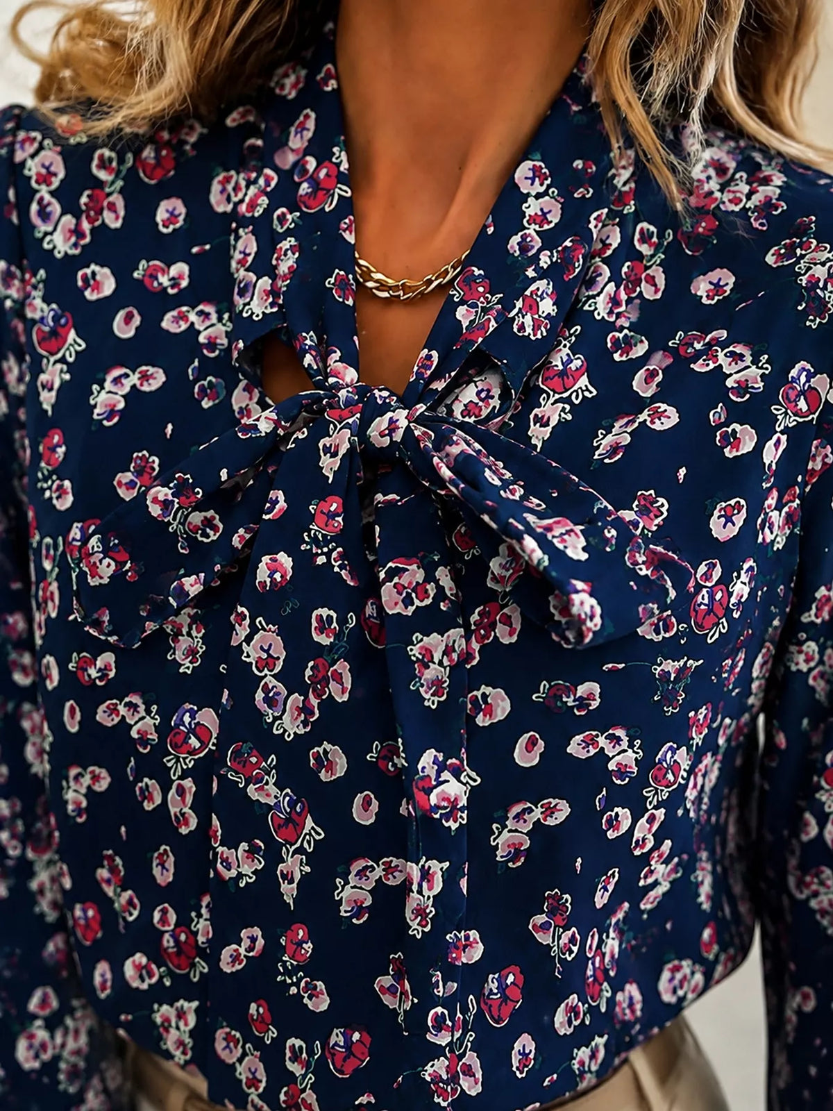 Printed Bow-tie Neck Long Sleeve Blouse (13)