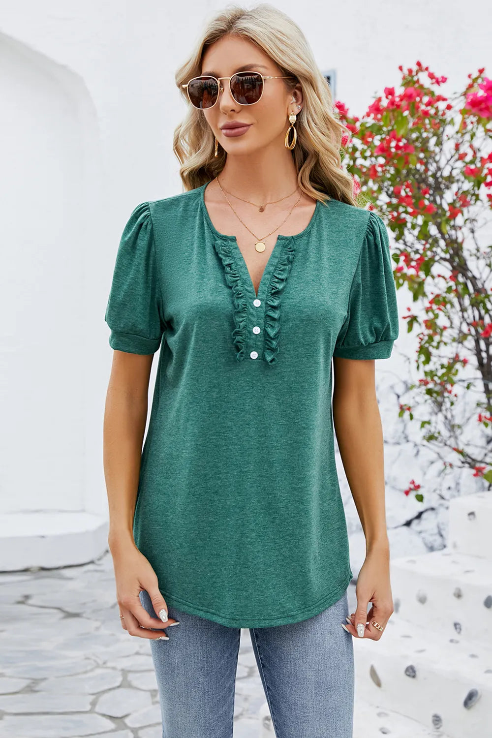 Frill Notched Short Sleeve Blouse (10)