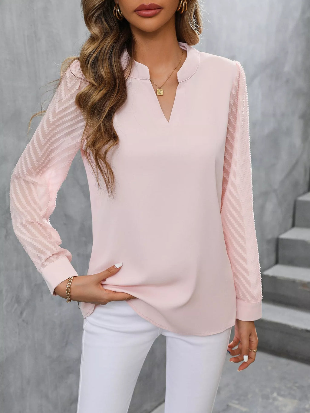 Sheer Sleeve V-neck Blouse (9)