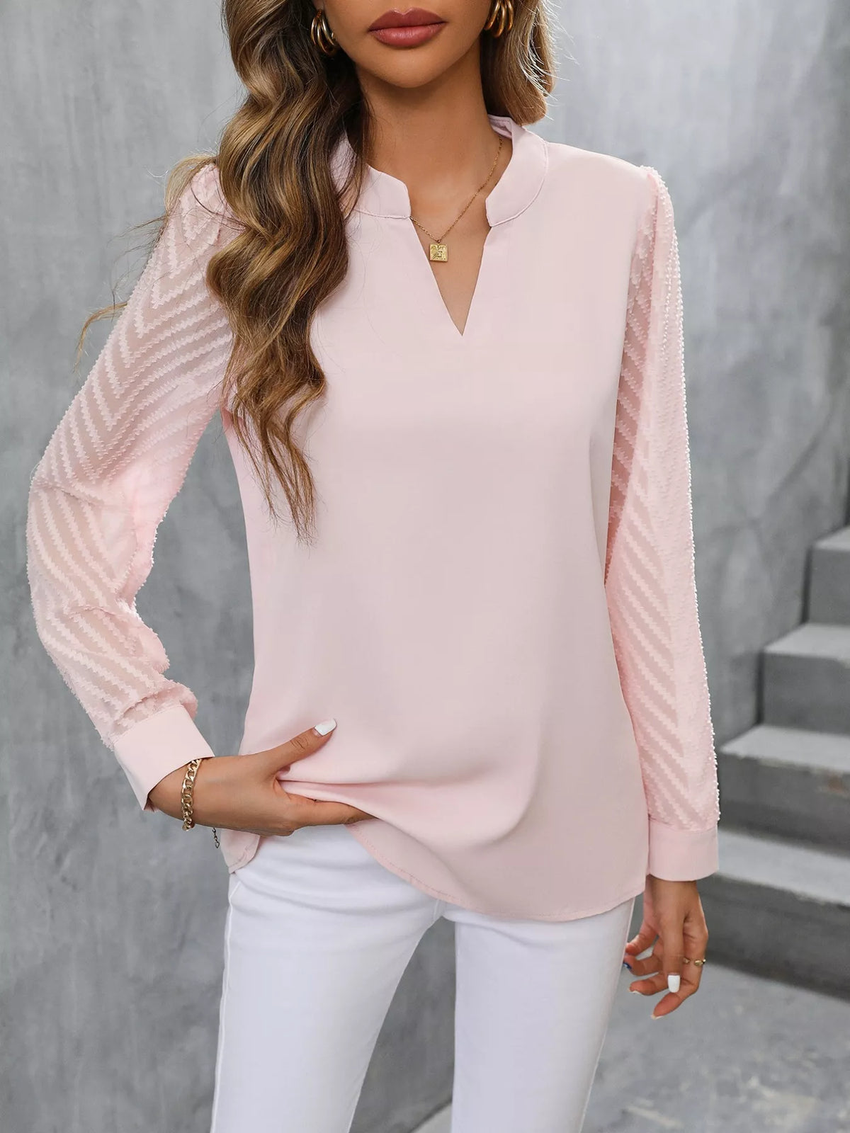 Sheer Sleeve V-neck Blouse (9)