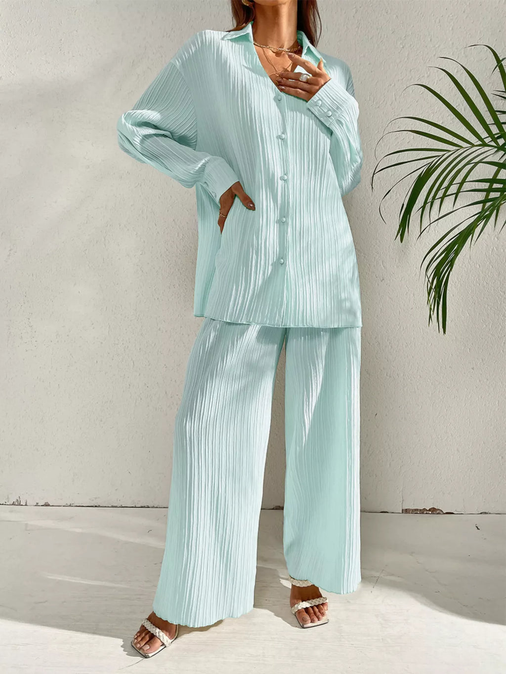 Long Sleeve Shirt Wide Leg Pants Set (19)