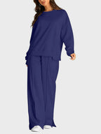 Round Neck Long Sleeve Top Slit Pants Set (14)