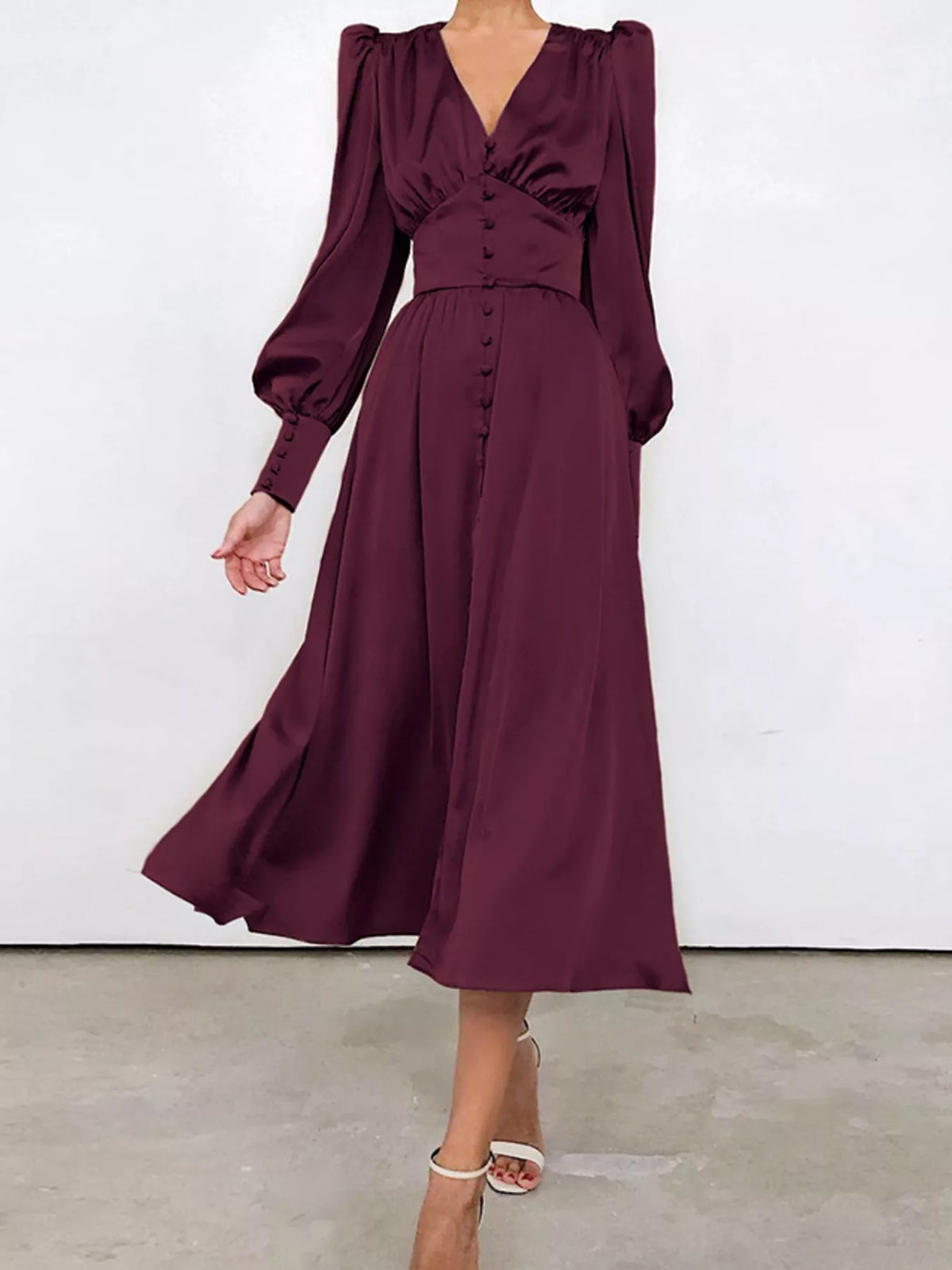 Elegant V-neck Puff Sleeve Button-down Midi Dress (12)