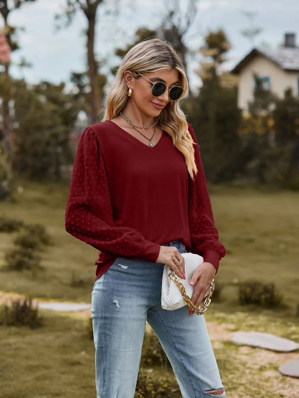 Swiss Dot V-neck Long Sleeve Blouse (17)
