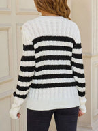 Striped Cable Knit Round Neck Sweater (5)