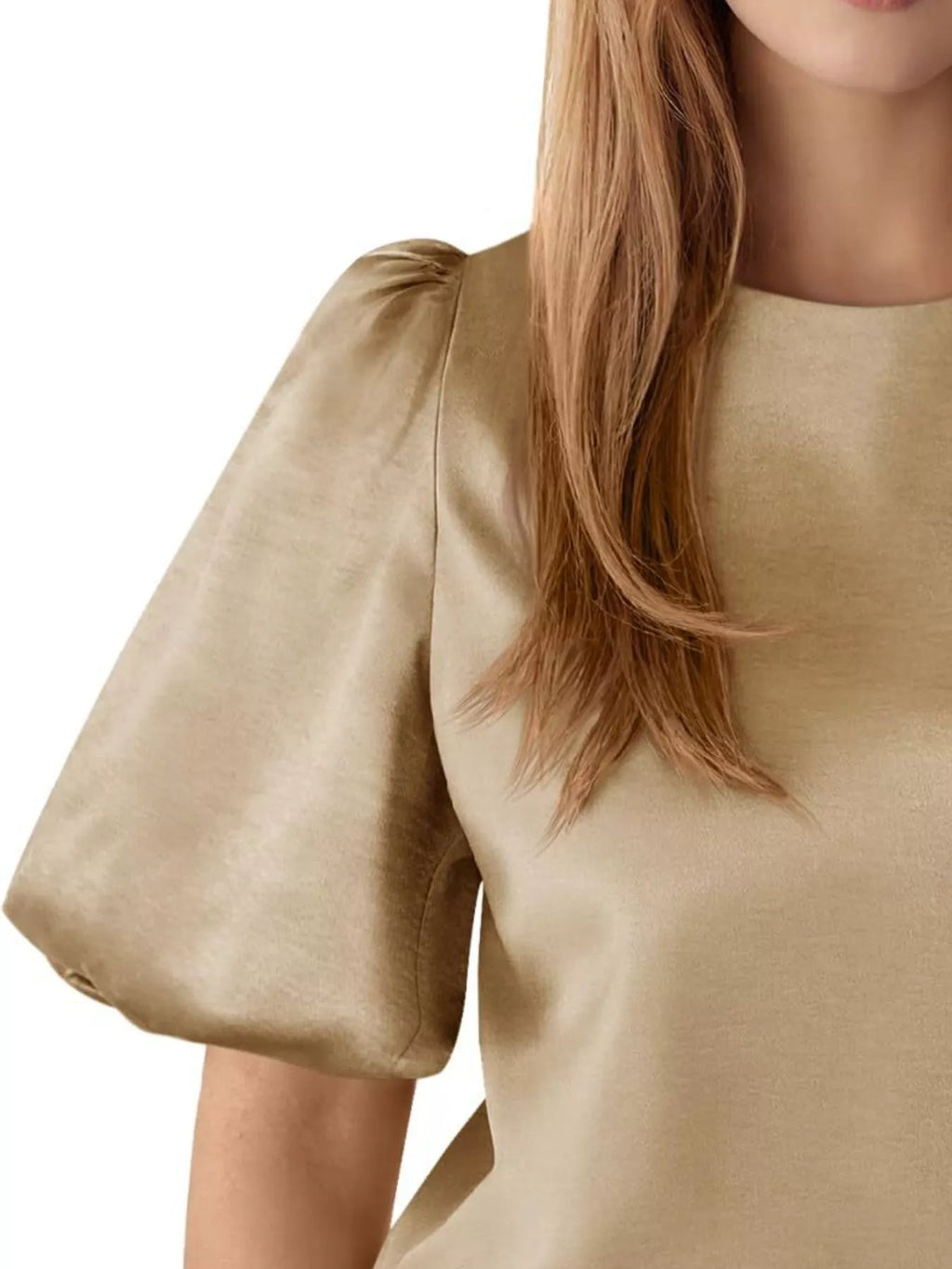 Round Neck Puff Sleeve Satin Top (2)