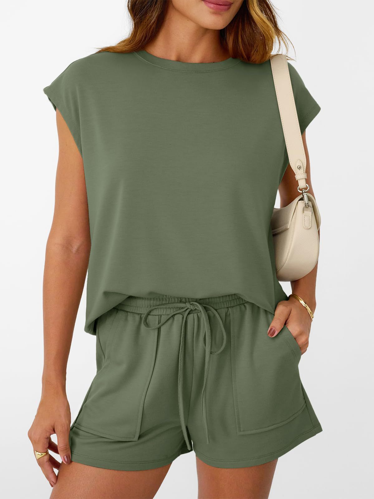 Round Neck Cap Sleeve Top Shorts Set (18)