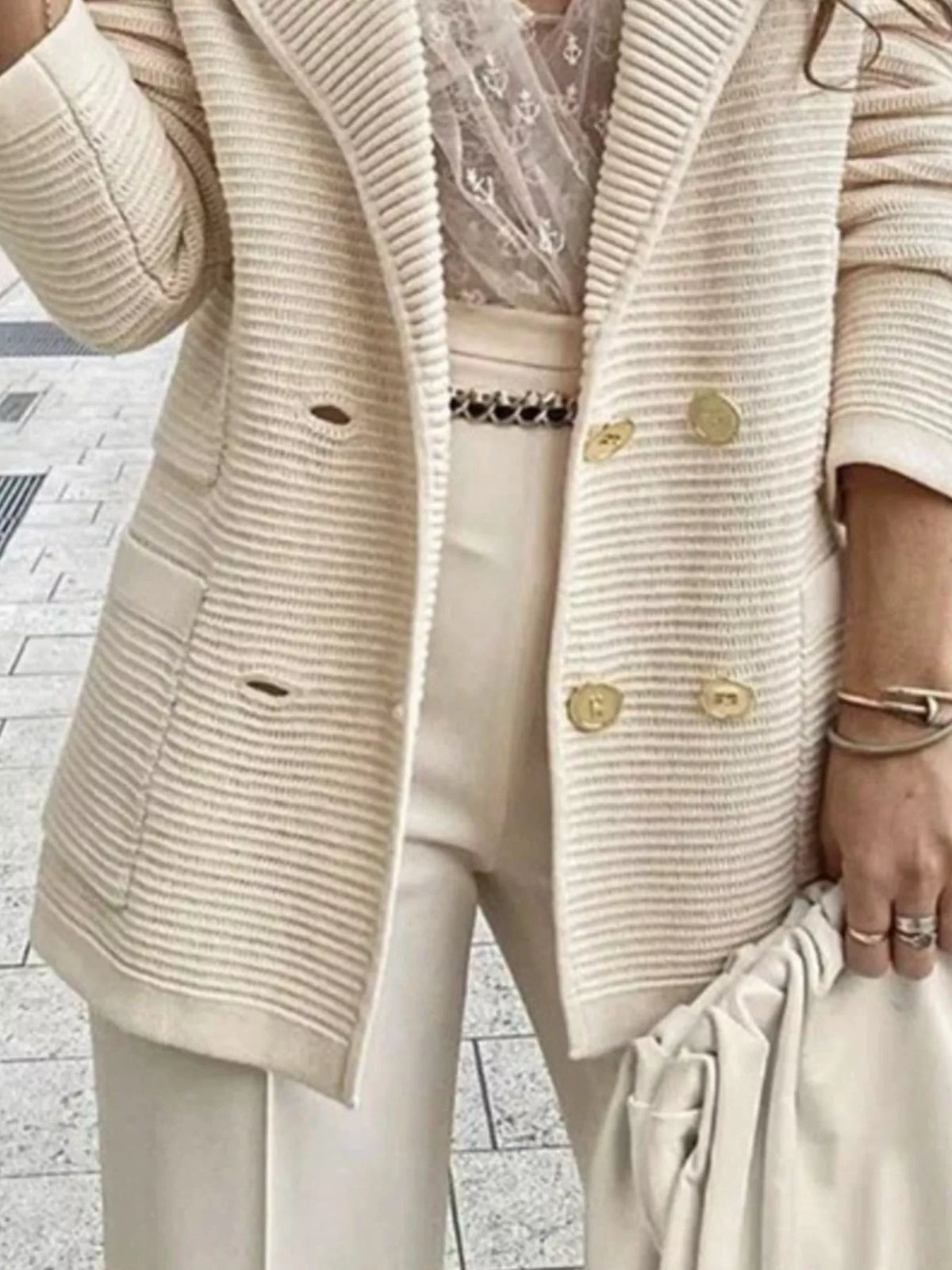 Texture Knit Double-breasted Blazer (2)