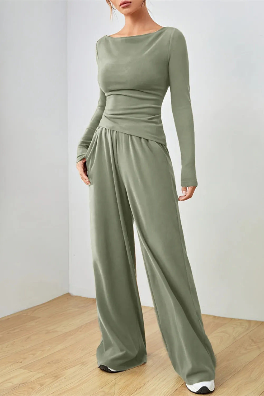 Boat Neck Long Sleeve Top Pants Set
