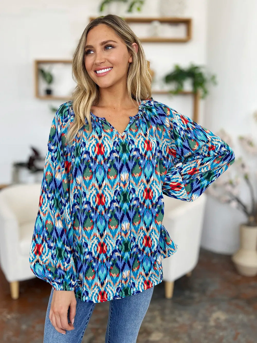 Full Size Printed Balloon Sleeve Blouse (15)