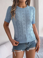 Openwork Round Neck Short Sleeve Knit Top (2)