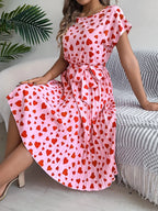 Heart Print Short Sleeve Tie Waist Dress