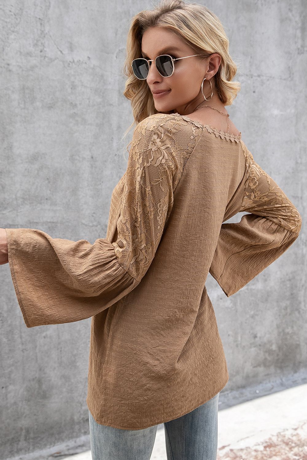 V-neck Spliced Lace Flare Sleeve Top (7)