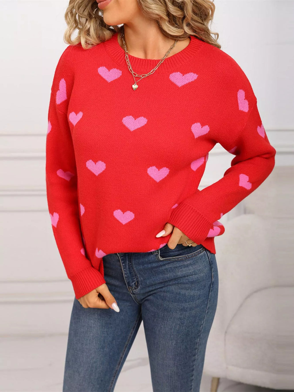 Valentine's Day Heart Pattern Dropped Shoulder Sweater (16)