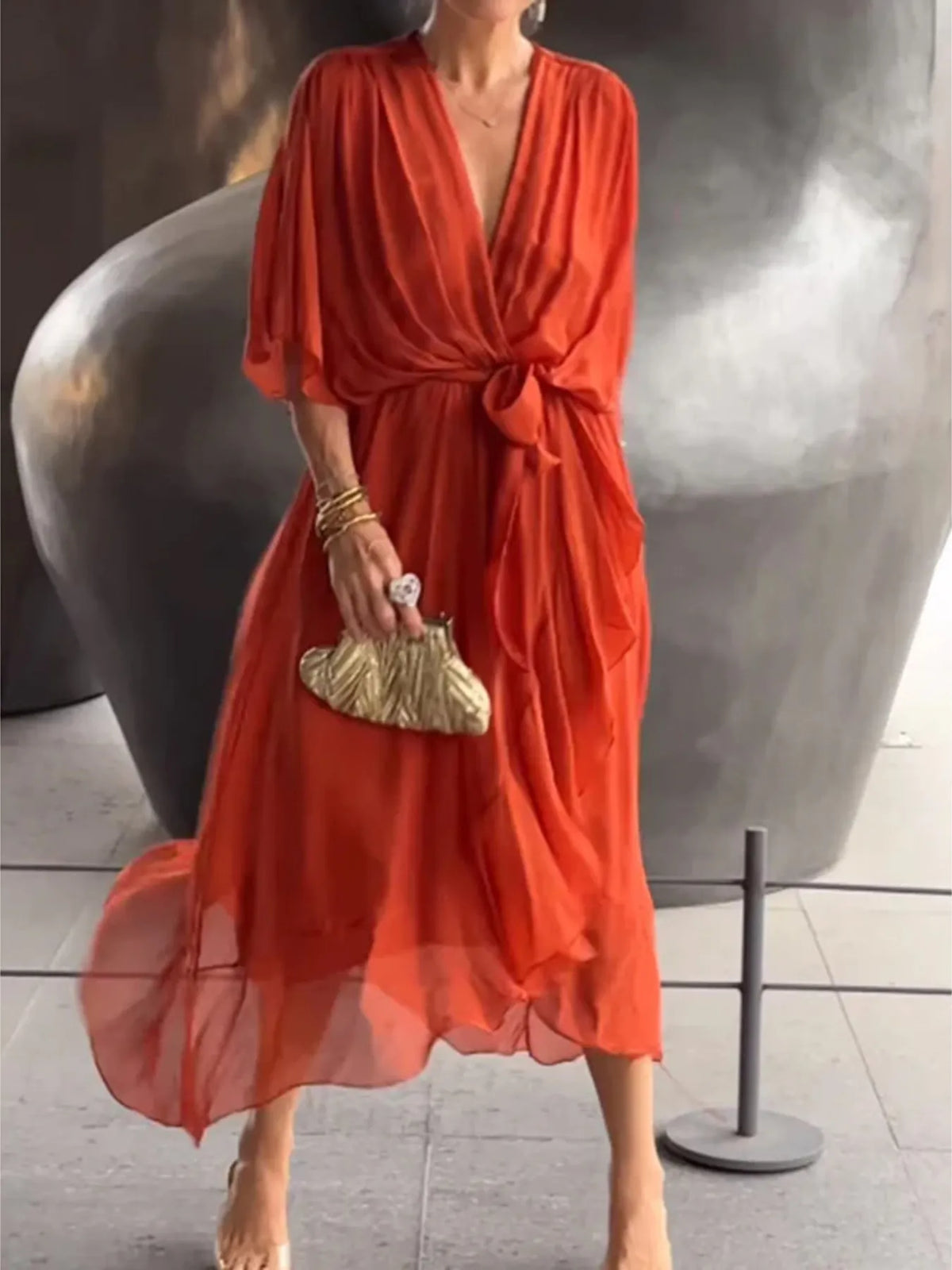 Full Size Flowy Tie Front Midi Dress Flutter Sleeves Plus (4)