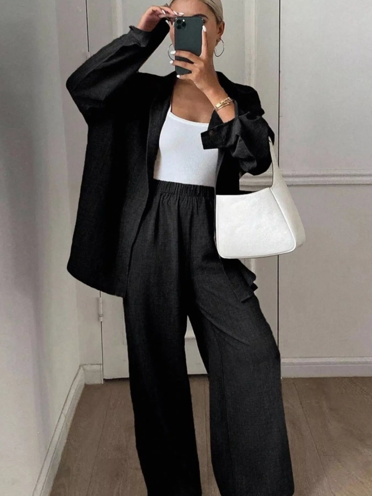 Button-down Shirt Wide-leg Pants Set (14)