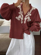 Embroidered Notched Long Sleeve Blouse (28)