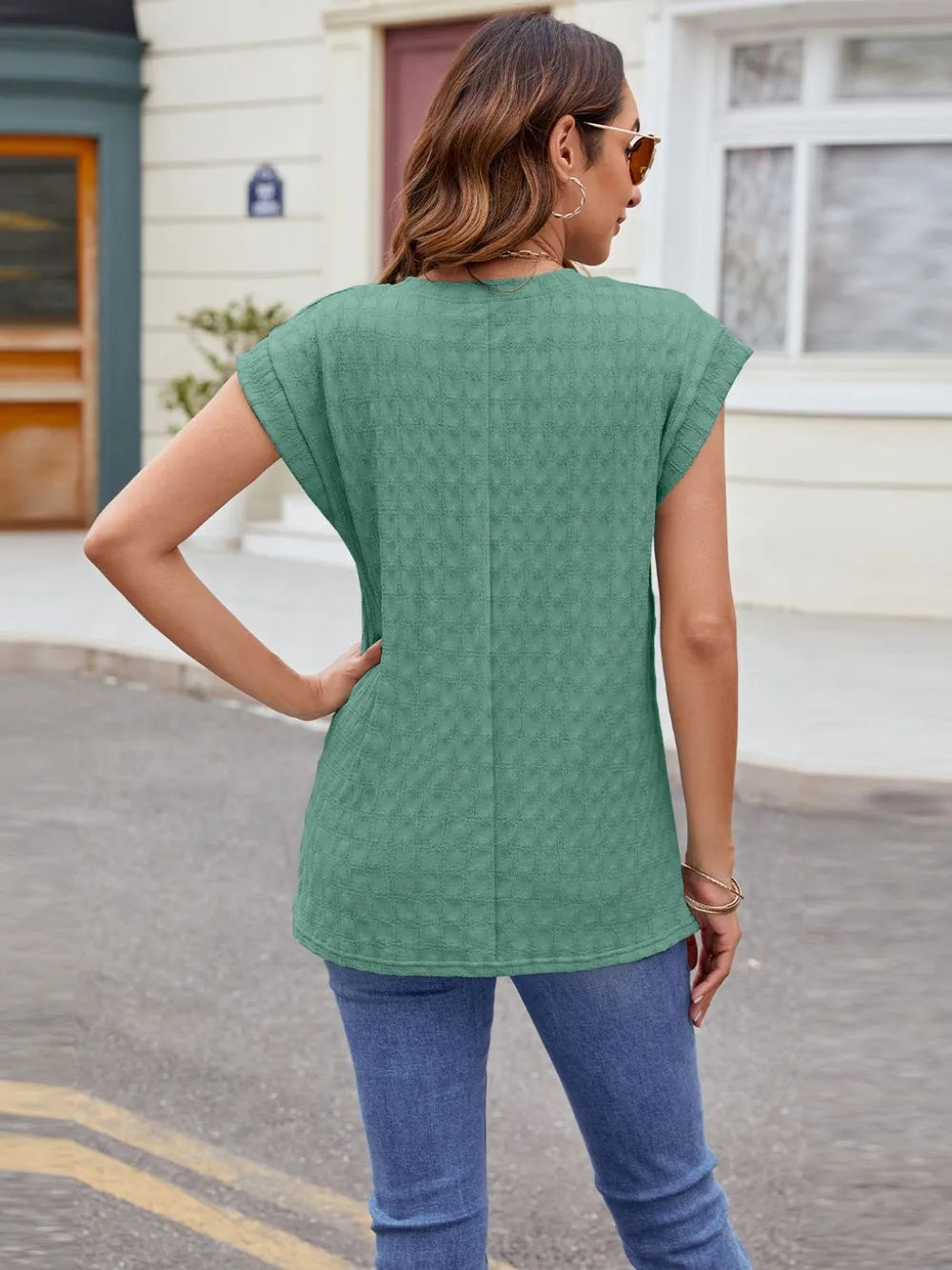 Textured Round Neck Cap Sleeve T-shirt (8)