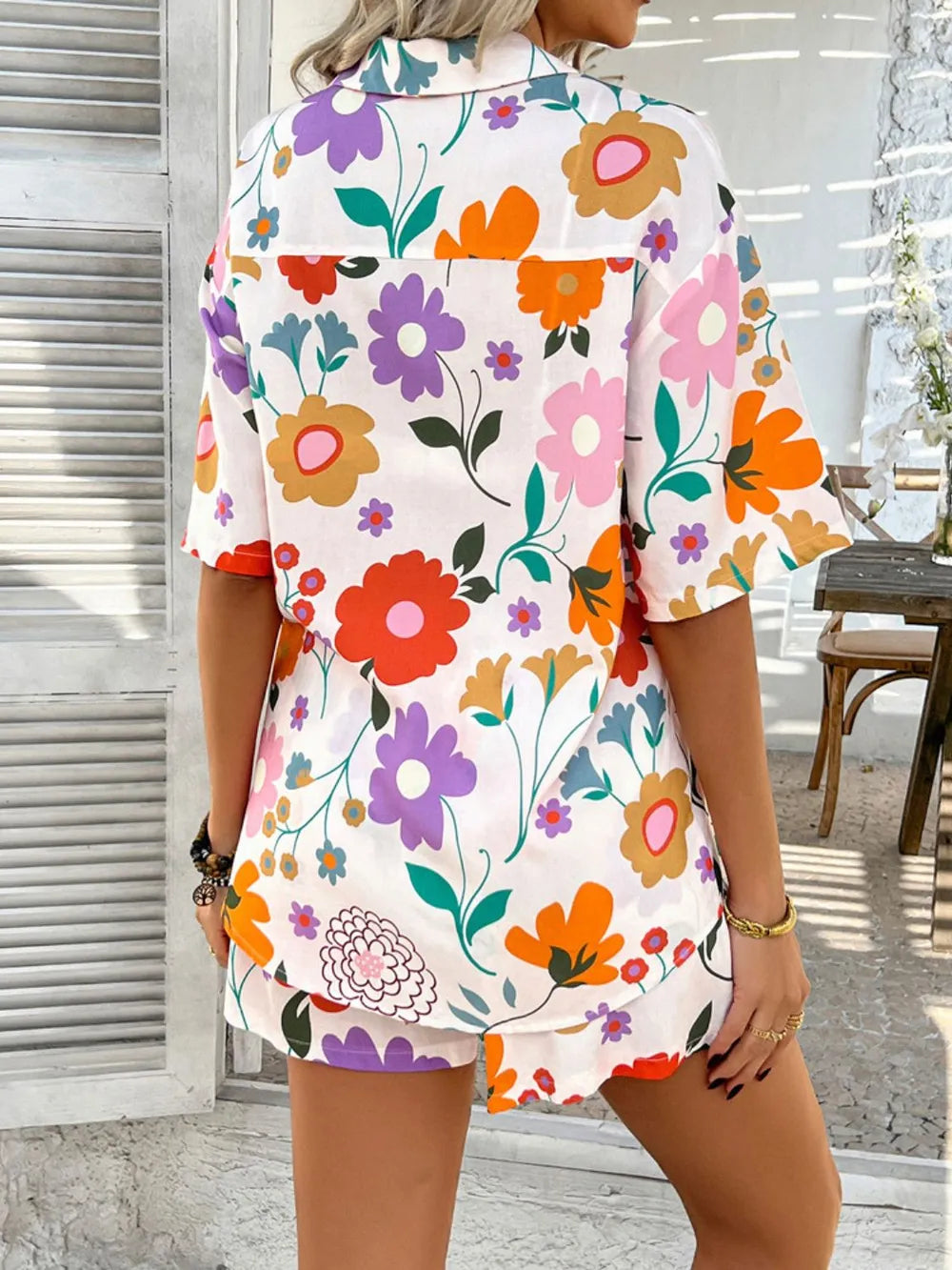 Printed Button Down Shirt Shorts Set (11)