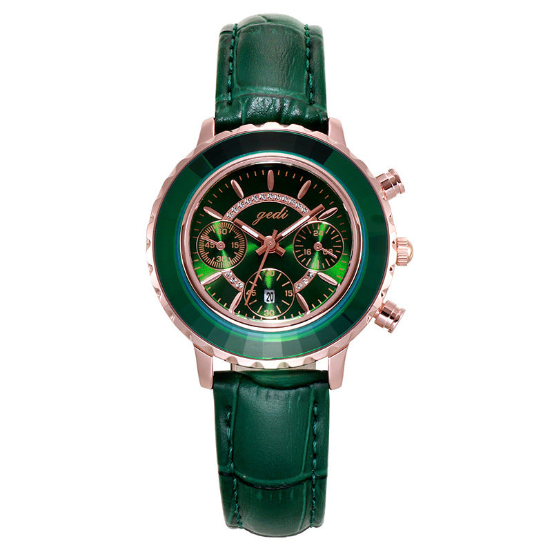 Green Leather Strap Belt Calendar Watch photo 3